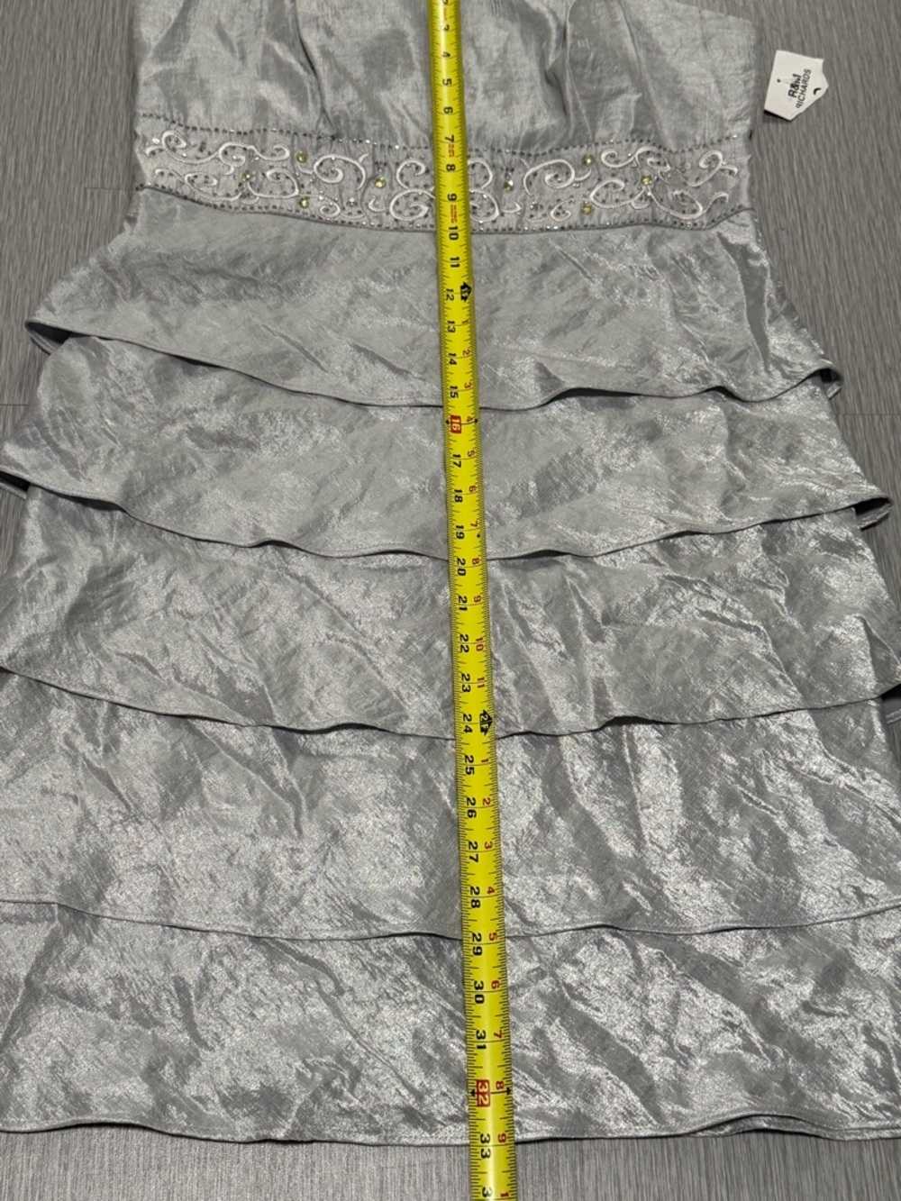 R&M Richards NWT Silver Tiered Ruffle Dress Beaded Waist Size 14 No Jacket - Picture 6 of 10